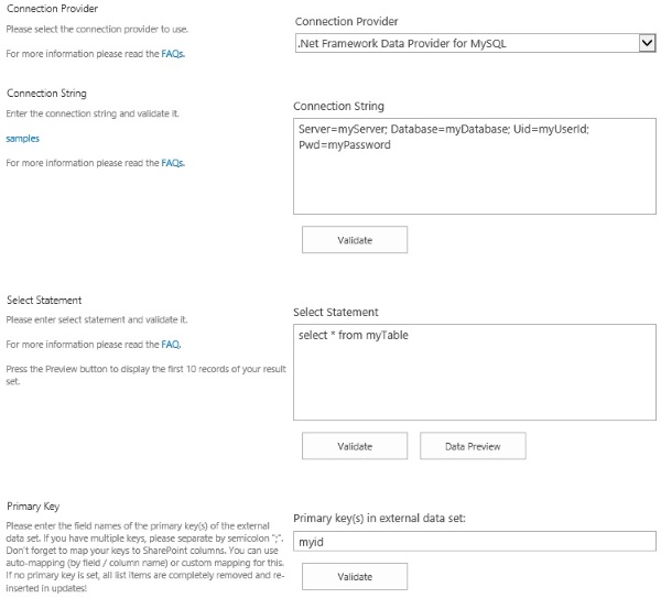 Sample Connection with MySQL and SharePoint