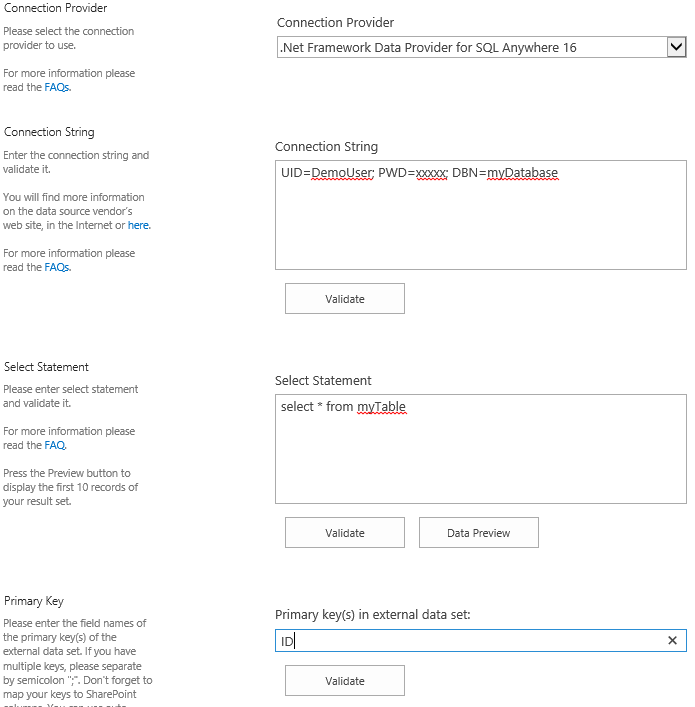 configuration sample of SQL Anywhere and SharePoint