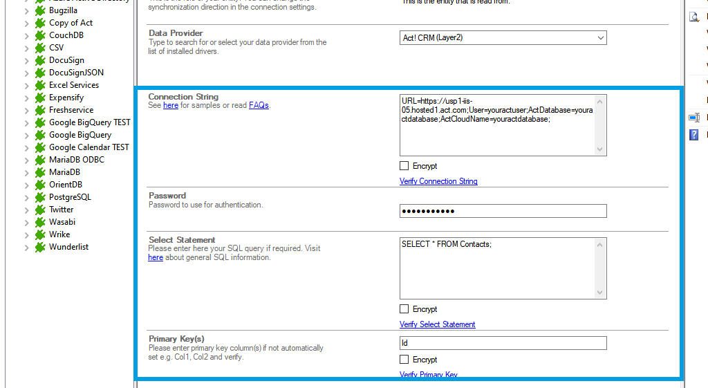 Step 2.5 ActCRM integration connection string setup