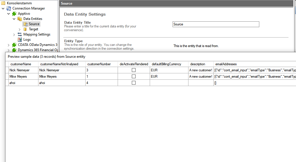 Preview data of apptivo integration in the Layer2 Cloud Connector