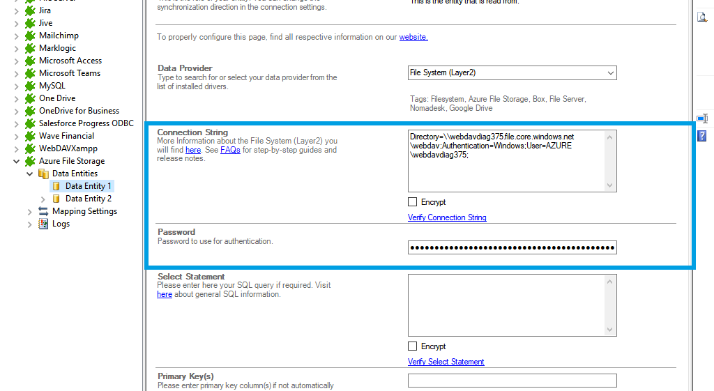 Connection string setup for Azure File Storage data integration in the Layer2 Cloud Connector