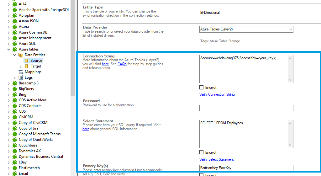 Connection string setup for azure tables data integration in the Layer2 Cloud Connector