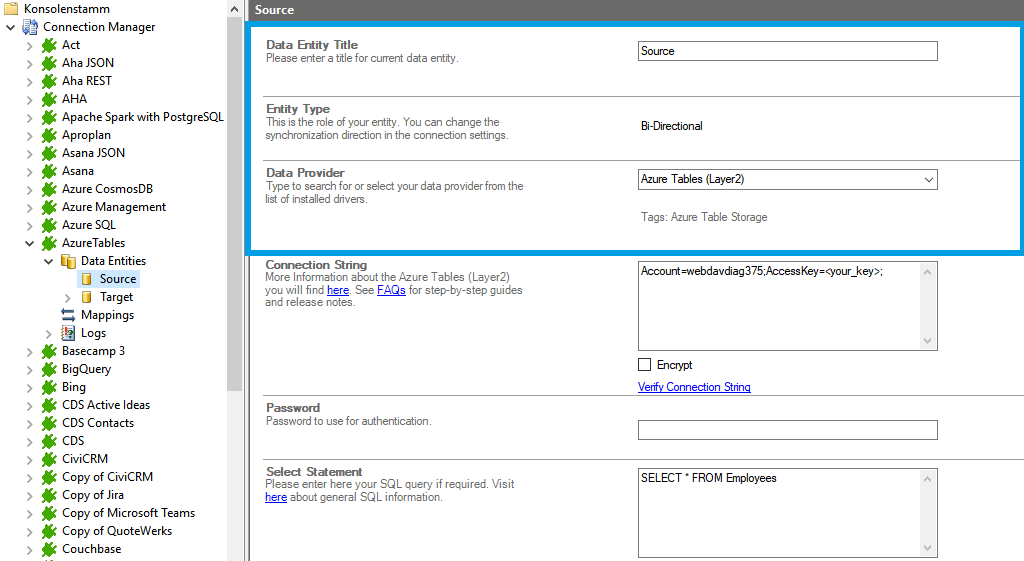 Source setup for azure tables integration in the Layer2 Cloud Connector