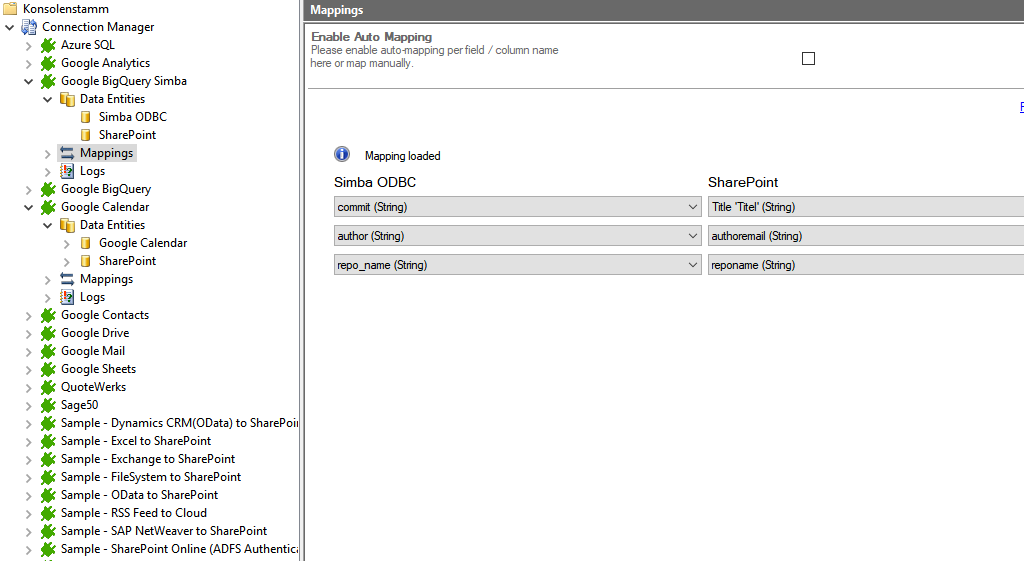 Mapping in the Layer2 Cloud Connector for Big query data integration