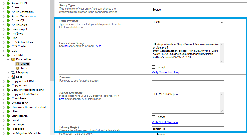 Connection string setup for CiviCRM data integration in the Layer2 Cloud Connector