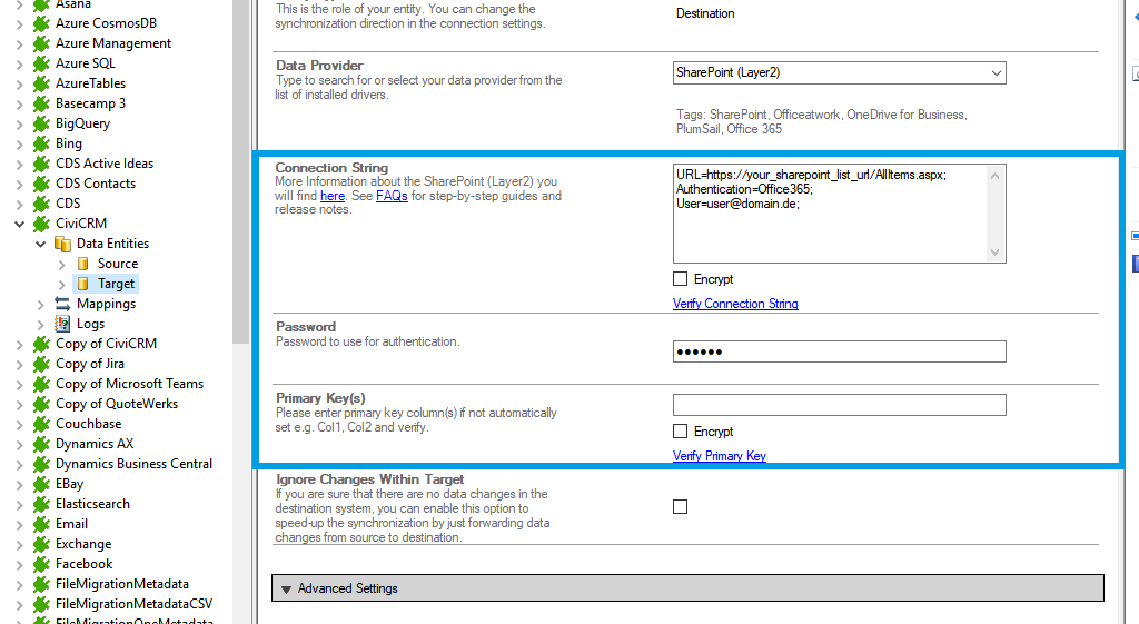 Target setup for CiviCRM integration in the Layer2 Cloud Connector