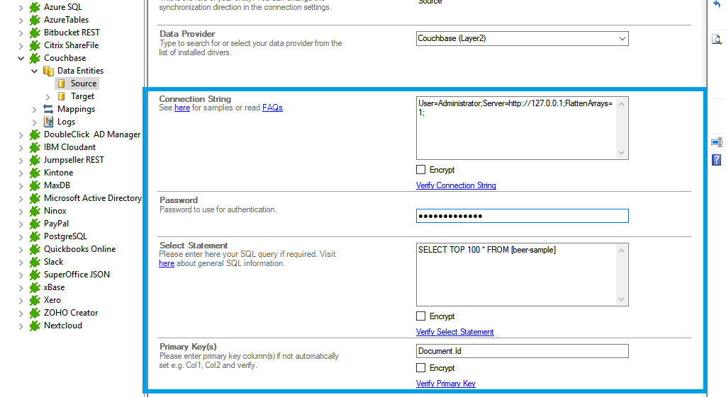 Connection string setup for couchbase data integration in the Layer2 Cloud Connector