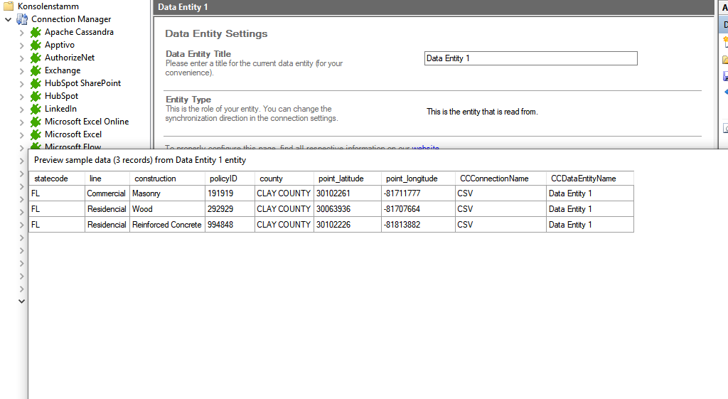 Preview data of csv integration in the Layer2 Cloud Connector