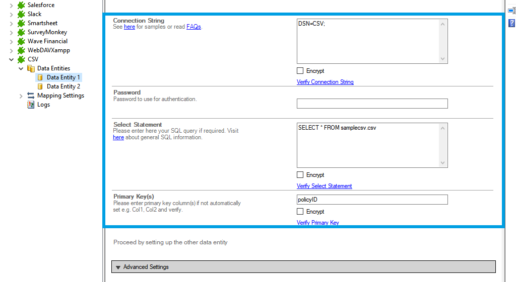 Connection string setup for csv data integration in the Layer2 Cloud Connector