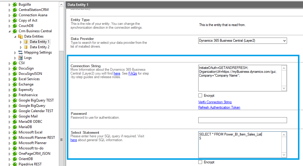 Step 2.5 Dynamics 365 Business Central integration connection string setup