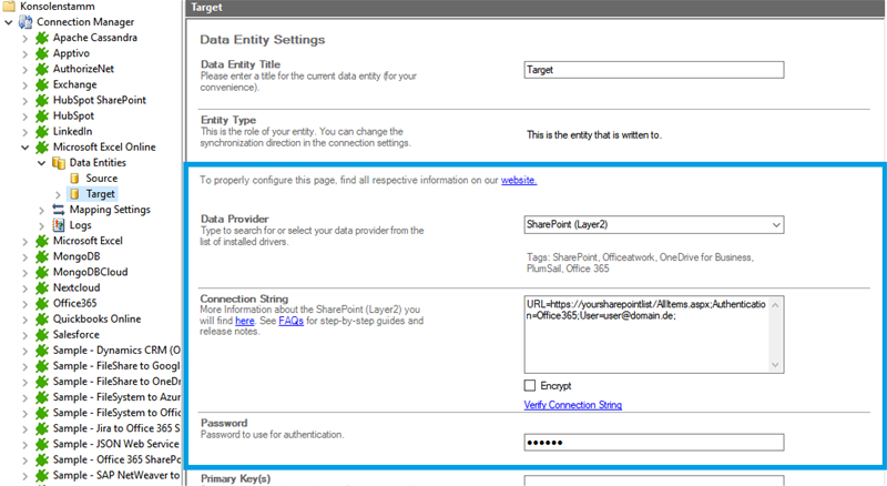 Target setup for SharePoint Excel integration in the Layer2 Cloud Connector