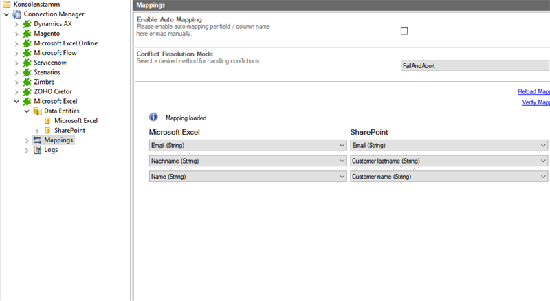 Mapping for SharePoint Excel integration in the Layer2 Cloud Connector