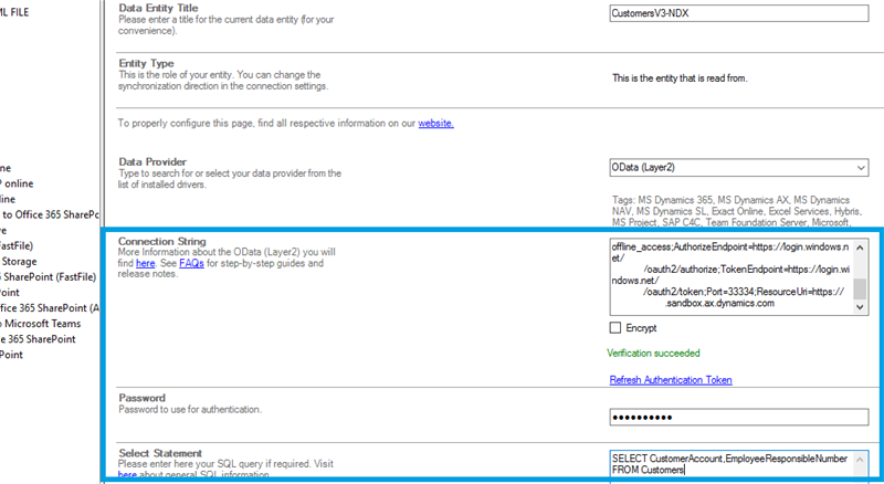 Connection string setup for Finance and Operations data integration in the Layer2 Cloud Connector