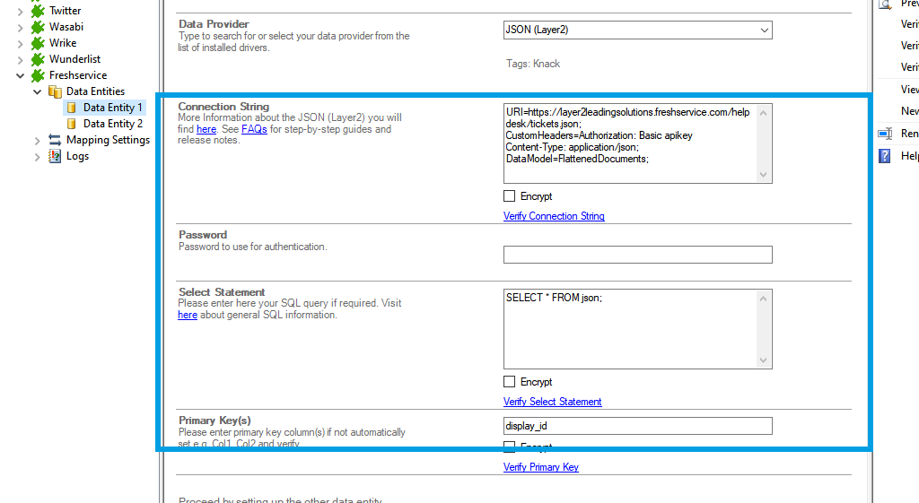 Connection string setup for freshservice data integration in the Layer2 Cloud Connector