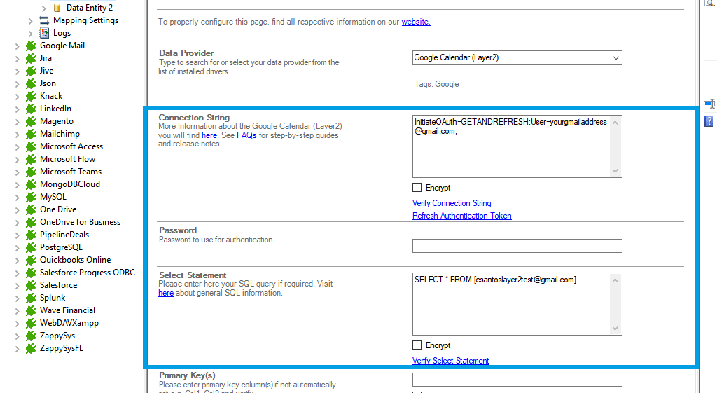 Connection string configuration in the Layer2 Cloud Connector for Google Calendar data integration