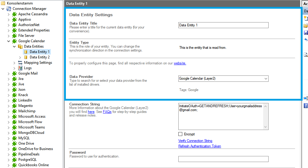 Source configuration in the Layer2 Cloud Connector for the Google Calendar data integration