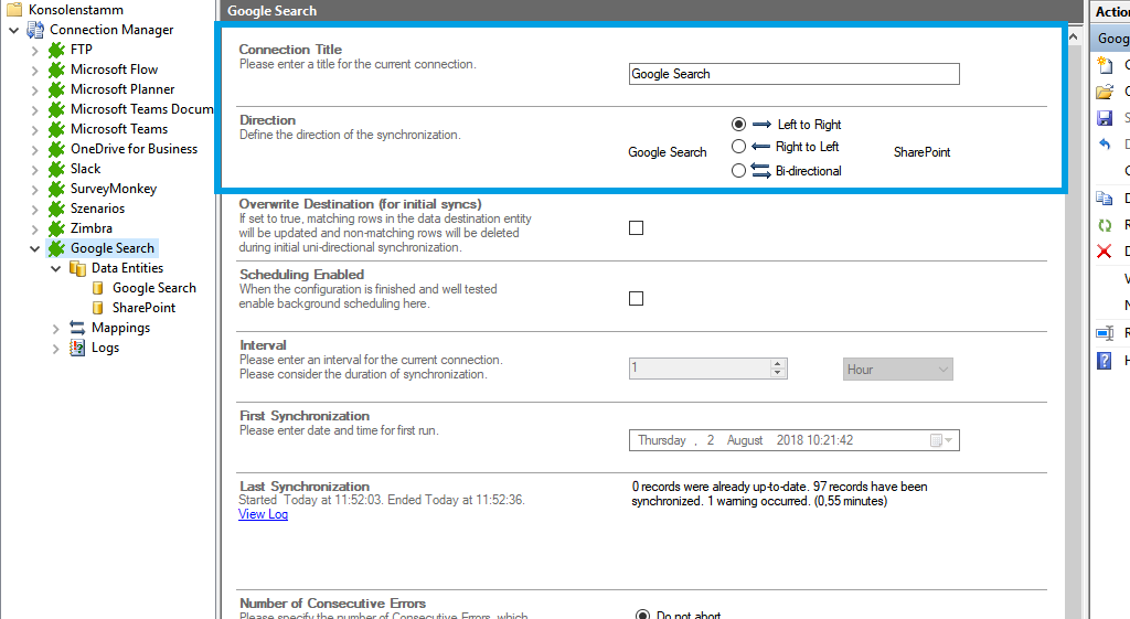 Connection setup for Google Search in the Layer2 Cloud Connector