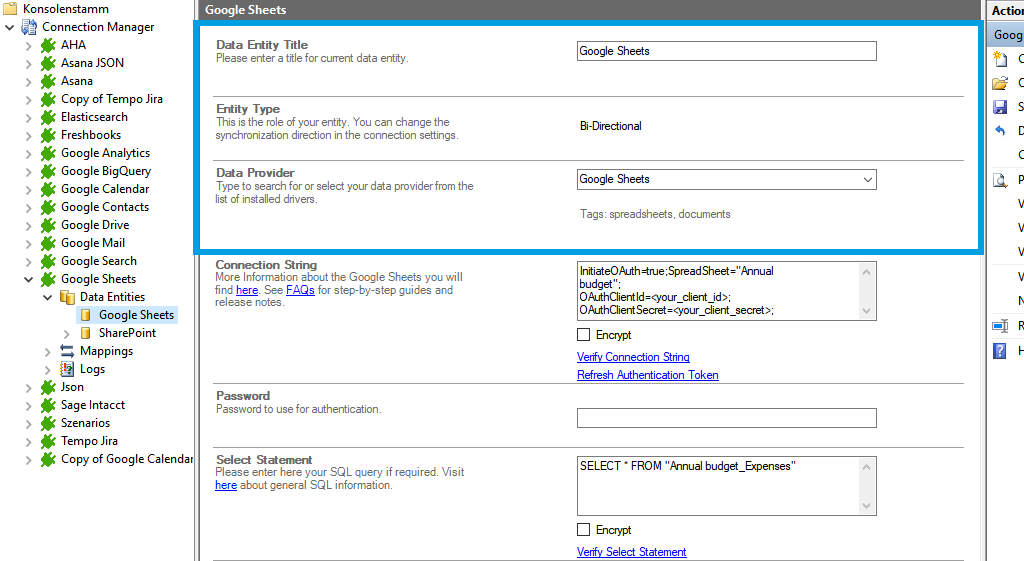 Connection stetup in the Layer2 Cloud Connector for Google Sheets data integration