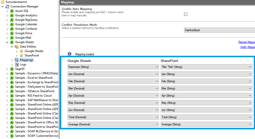 Mapping in the Layer2 Cloud Connector for Google Sheets data integration