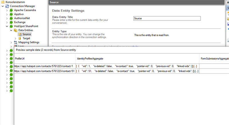 Preview data of Hubspot integration