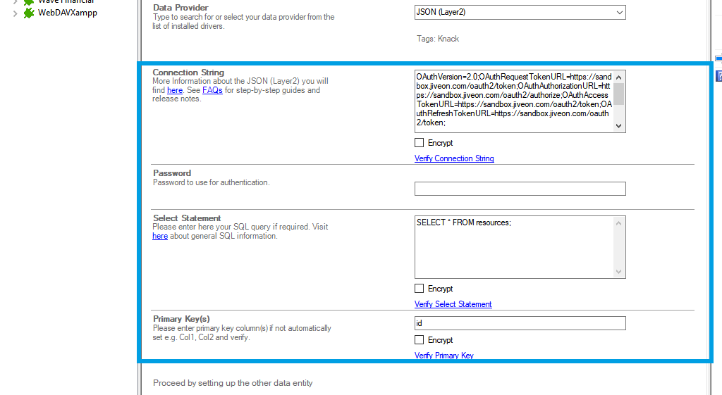 Connection string setup for jive data integration in the Layer2 Cloud Connector