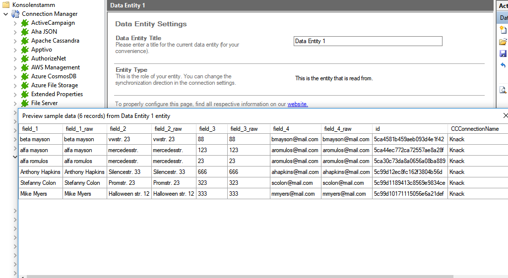 Preview data of Knack integration in the Layer2 Cloud Connector