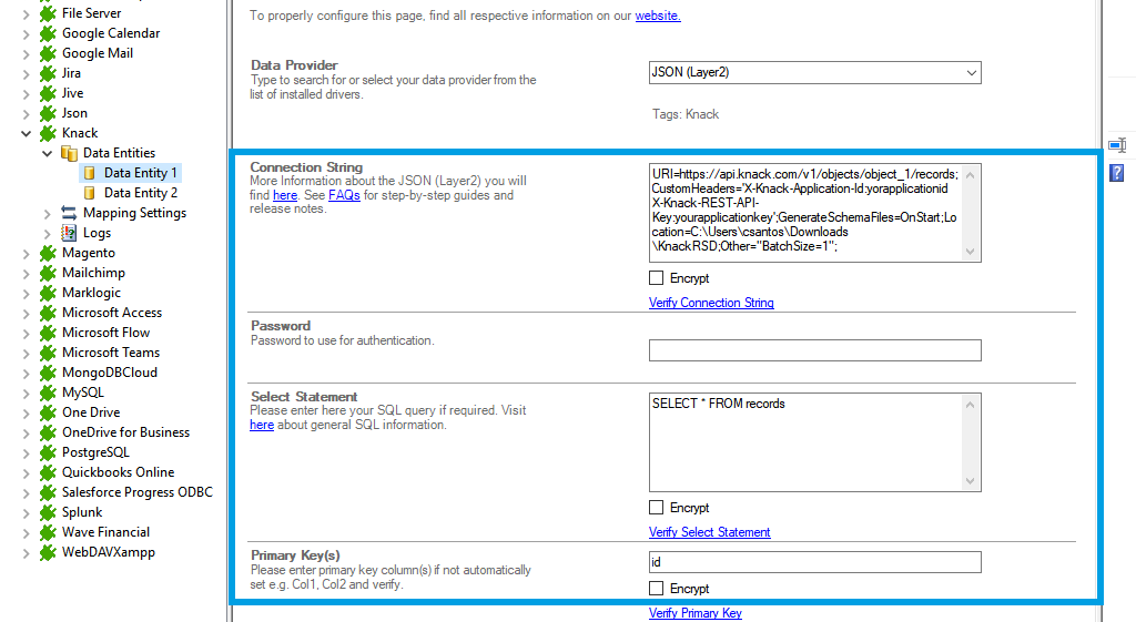 Connection string setup for Knack data integration in the Layer2 Cloud Connector