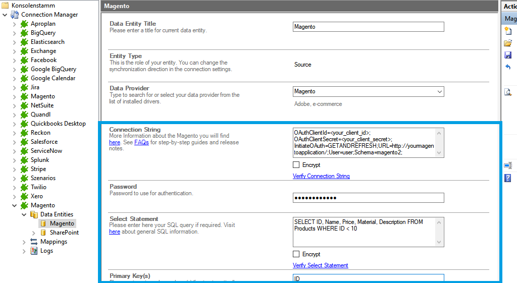 Connection string setup for magento data integration in the Layer2 Cloud Connector