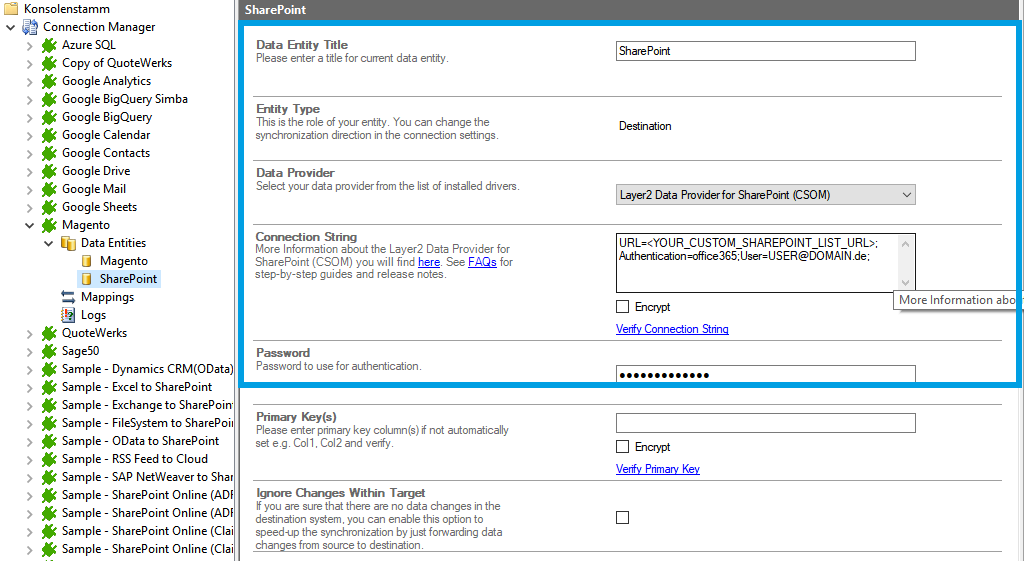 Target setup for magento integration in the Layer2 Cloud Connector