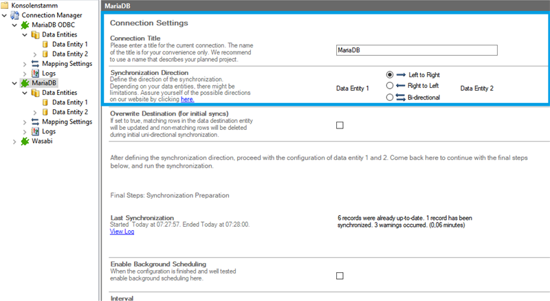 Connection setup for mariadb in the Layer2 Cloud Connector