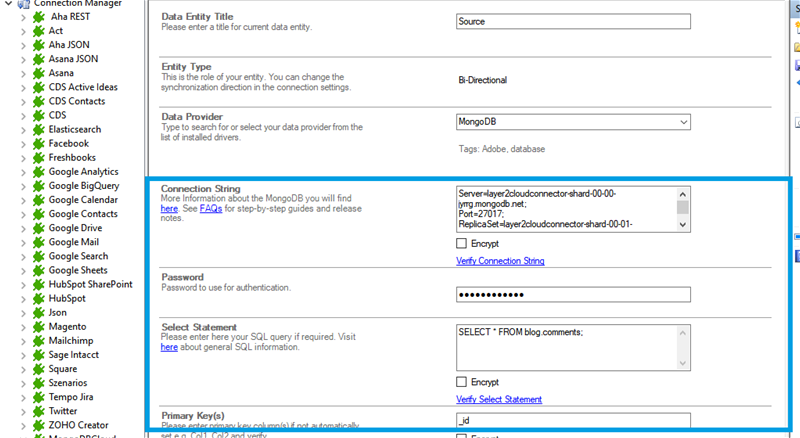 Connection string setup for MongoDB Cloud data integration in the Layer2 Cloud Connector