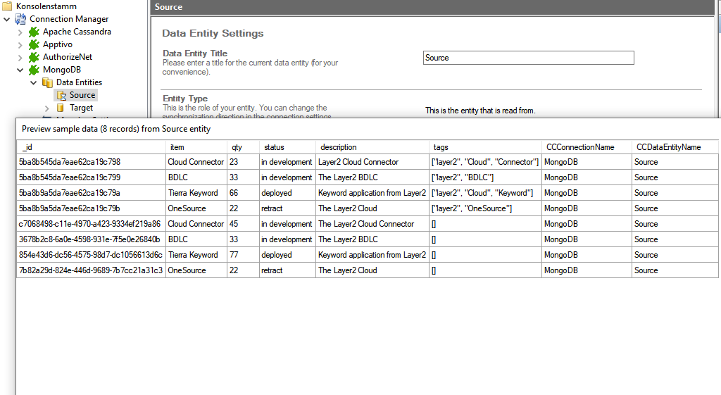 Preview data of MongoDB integration in the Layer2 Cloud Connector