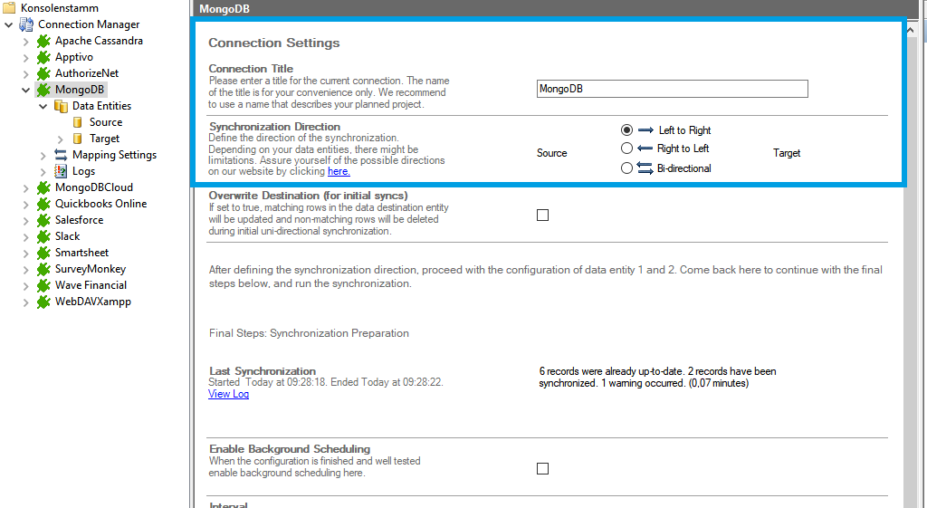 Connection setup for MongoDB in the Layer2 Cloud Connector