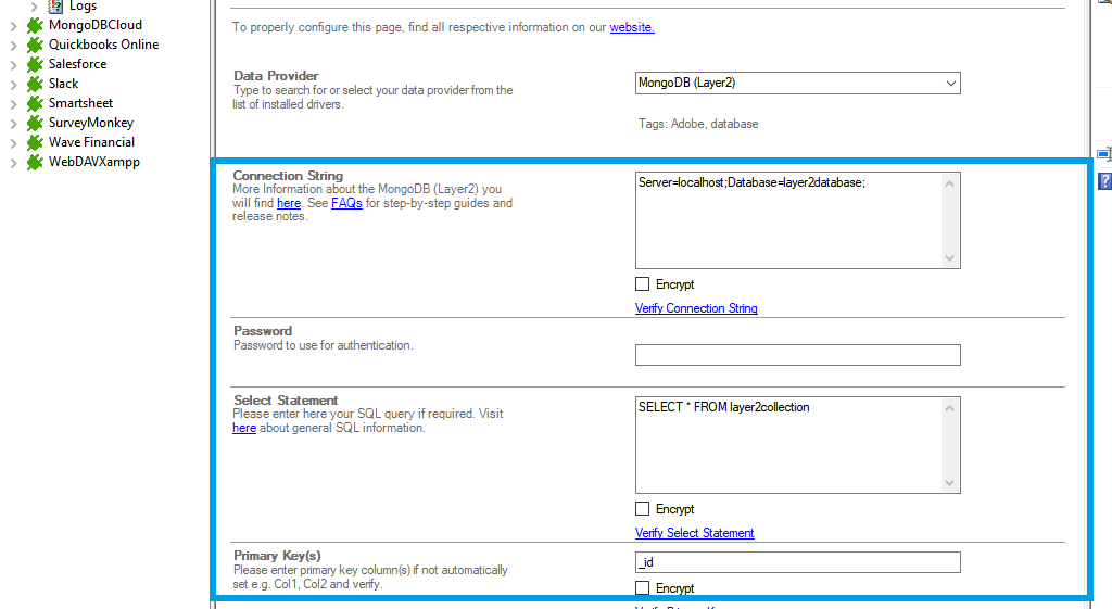 Connection string setup for MongoDB data integration in the Layer2 Cloud Connector