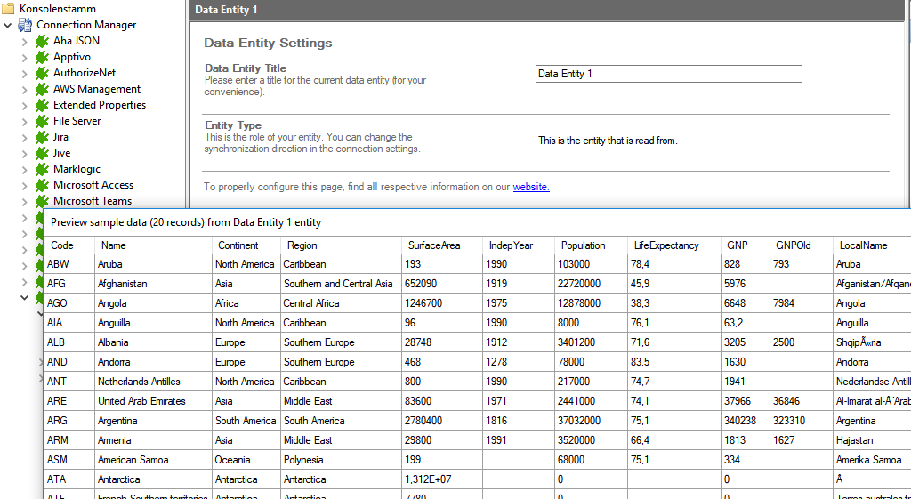 Preview data of mysql integration in the Layer2 Cloud Connector