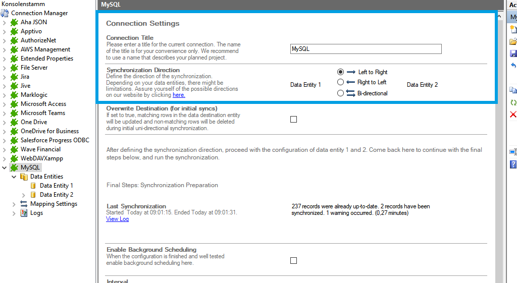 Connection setup for mysql in the Layer2 Cloud Connector