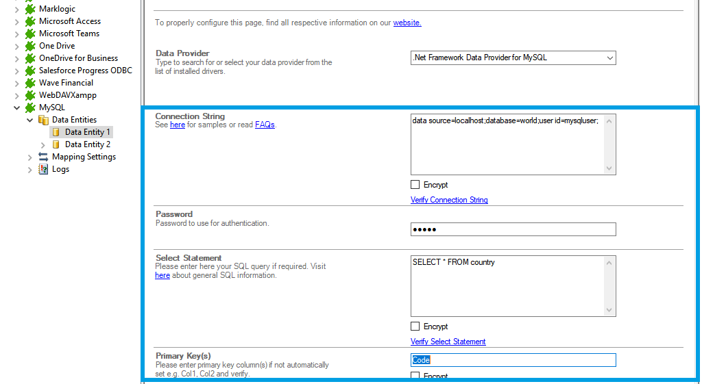 Connection string setup for mysql data integration in the Layer2 Cloud Connector