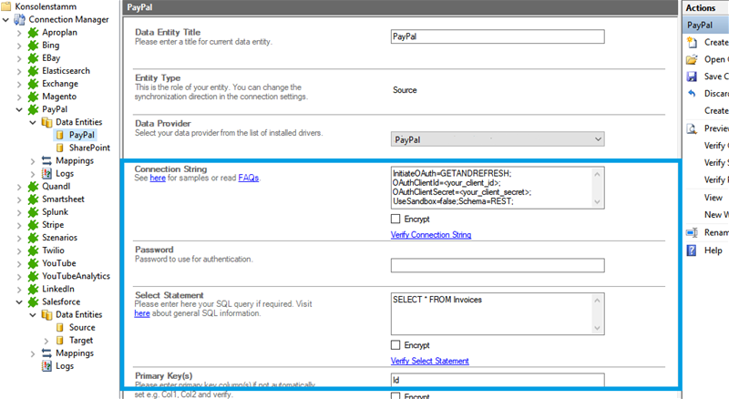 Connection string setup forPayPal data integration in the Layer2 Cloud Connector