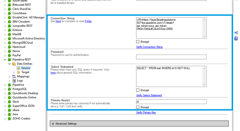 Connection string setup for pipedrive data integration in the Layer2 Cloud Connector