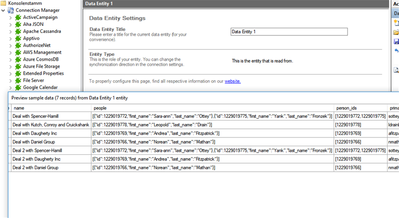 Preview data of PipelineDeals integration in the Layer2 Cloud Connector