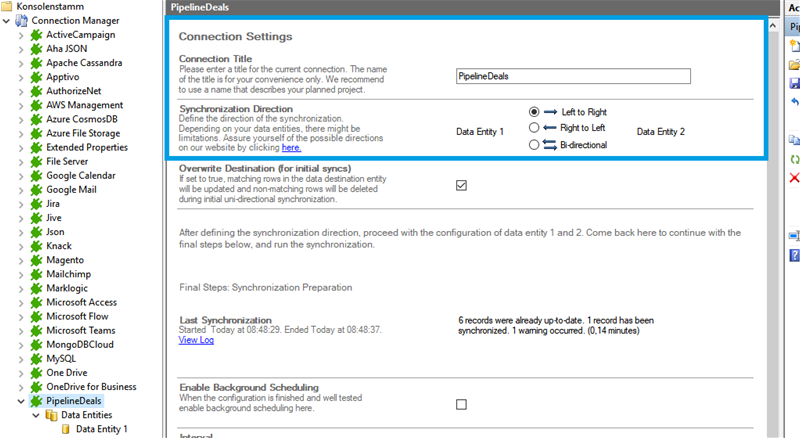 Connection setup for PipelineDeals in the Layer2 Cloud Connector