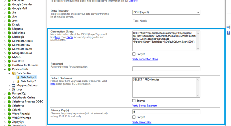 Connection string setup for PipelineDeals data integration in the Layer2 Cloud Connector