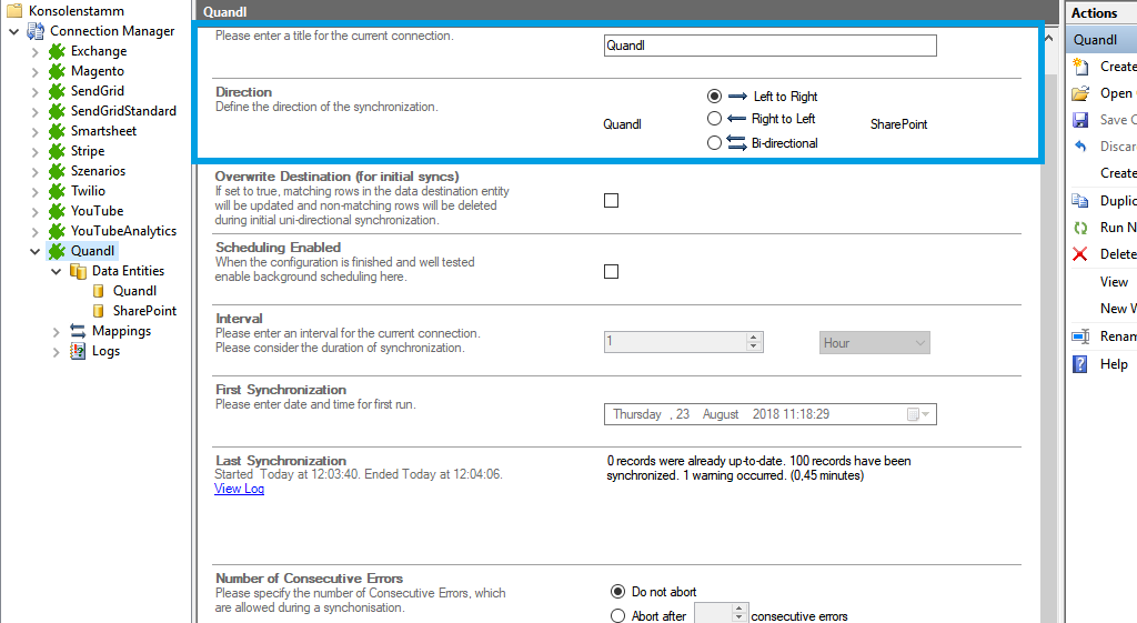 Connection setup for Quandl in the Layer2 Cloud Connector