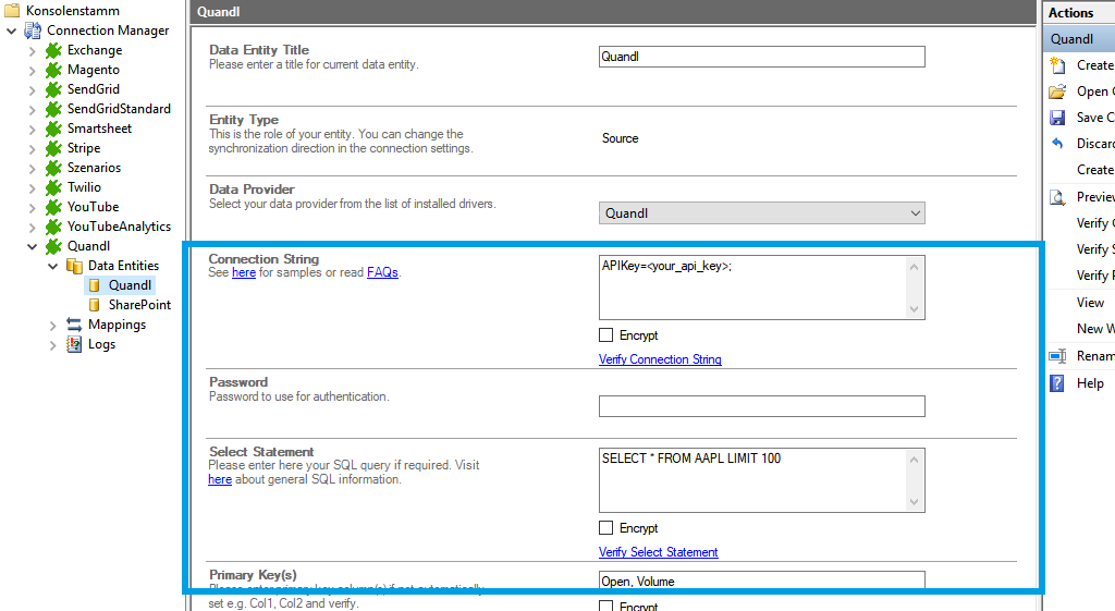 Connection string setup for Quandl data integration in the Layer2 Cloud Connector