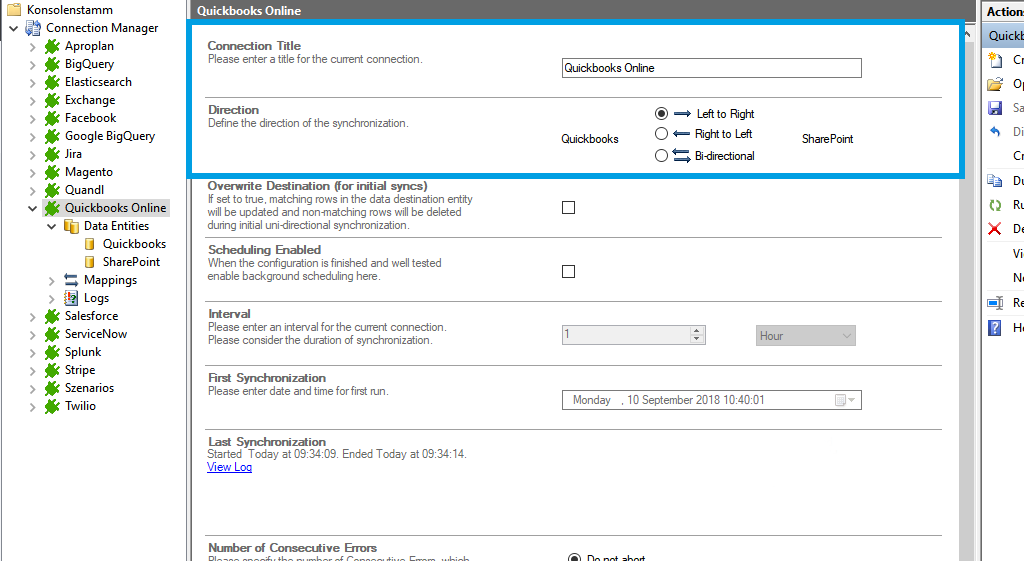 Connection setup for quickbooks online in the Layer2 Cloud Connector