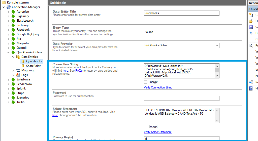 Connection string setup for quickbooks online data integration in the Layer2 Cloud Connector