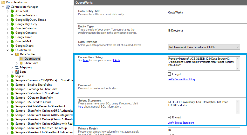 Connection string configuration in the Layer2 Cloud Connector for quotewerks data integration