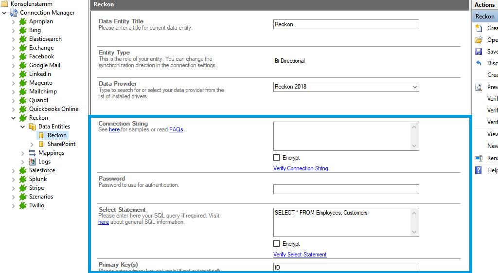 Connection string setup for Reckon Desktop data integration in the Layer2 Cloud Connector.