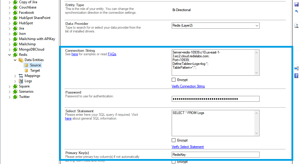 Connection string setup for Redis data integration in the Layer2 Cloud Connector