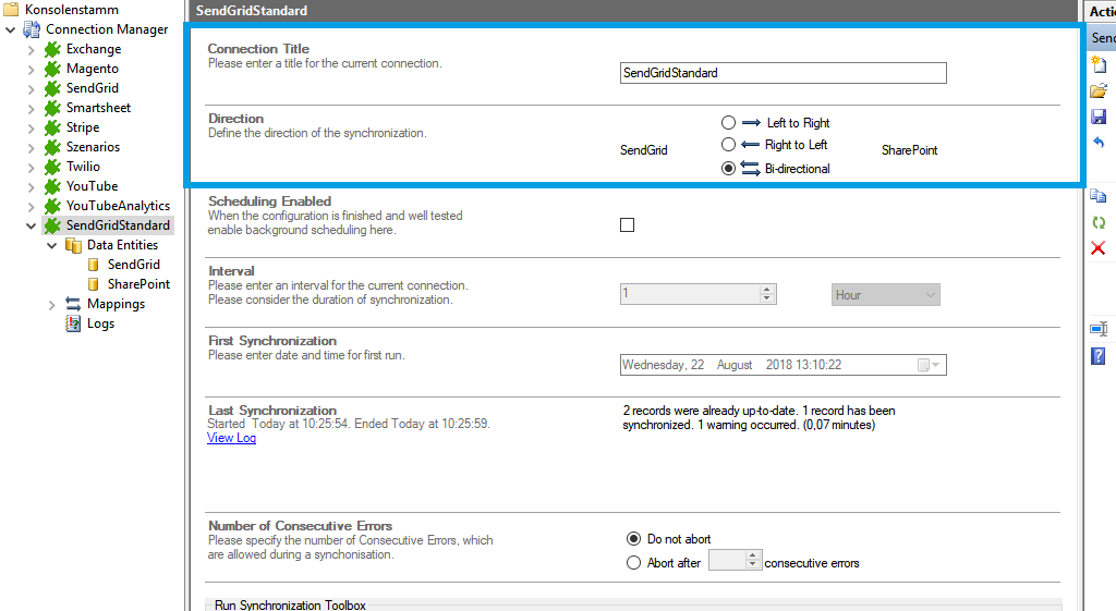 Connection setup for SendGrid in the Layer2 Cloud Connector